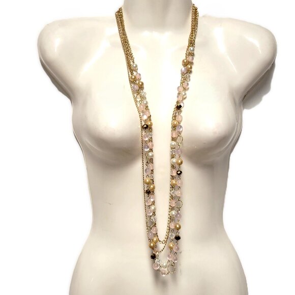 Multistrand Gold and Pink Beads Long Necklace - Picture 1 of 8